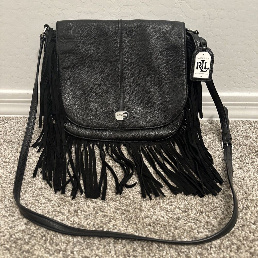 Lauren Ralph Lauren Pebble Leather Saddle Fringe Crossbody Bag Black Gently Used